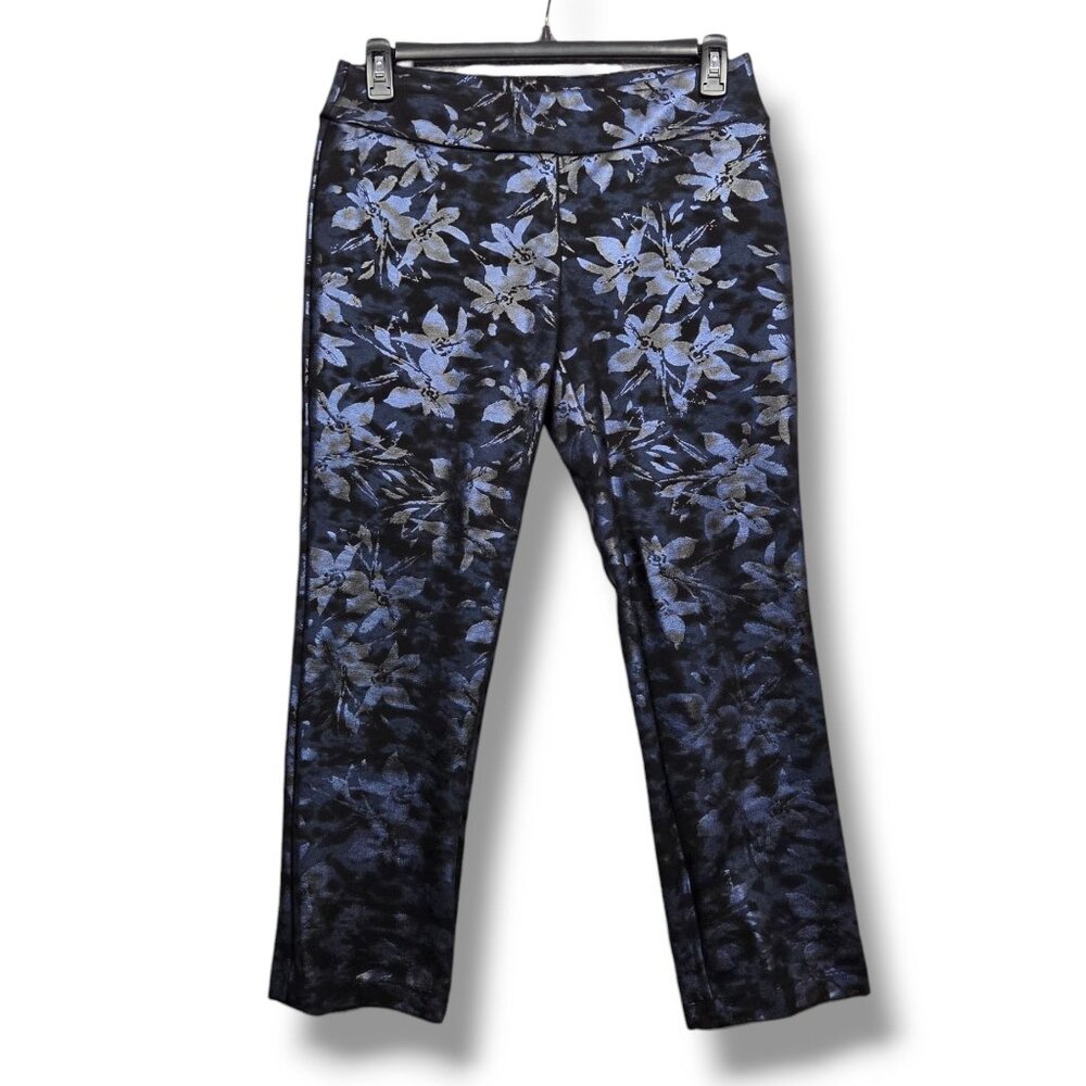 Soft Surroundings Floral Metallic Pants Womens 10 Petite Blue Twighlight Pull On